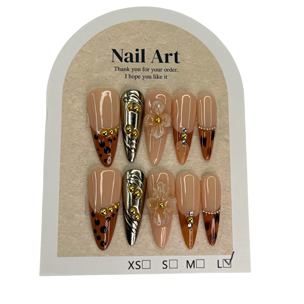 Brown Cheetah Print 3D Floral Gold Chrome Long Stiletto Press On Nail Sz L Bling